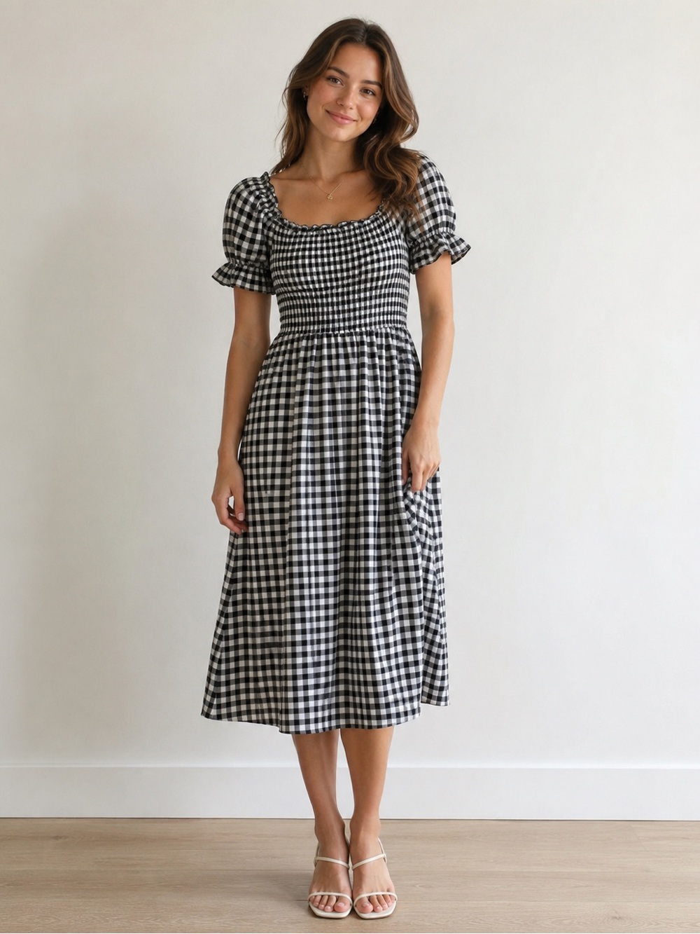 Black & White Gingham Puff-Sleeve Women’s Dress